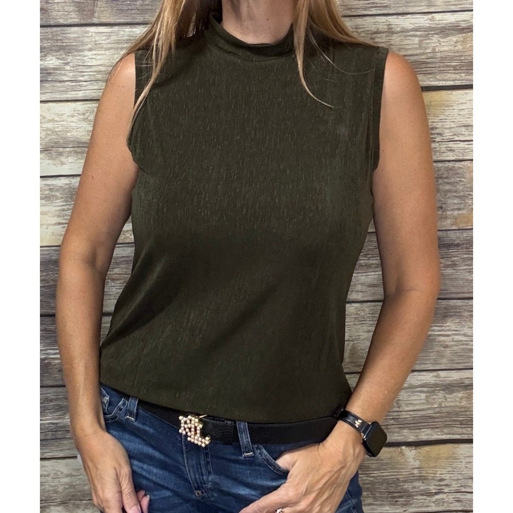 Vintage 90s Private Edition by Chicos Olive Green Mock Neck Sleeveless Top 1 M